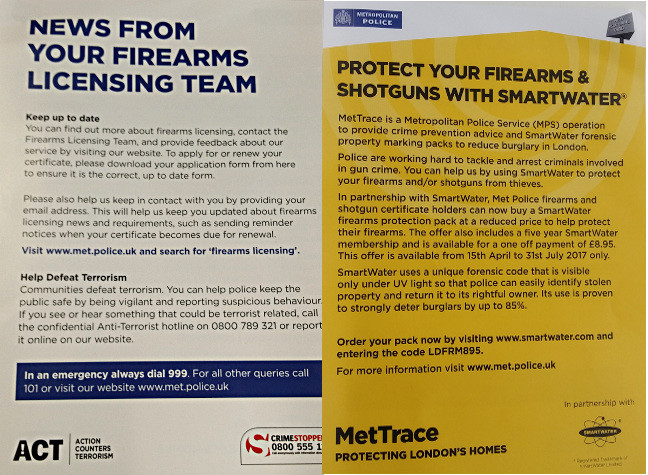 The front and reverse of that Met Police Smartwater firearms leaflet