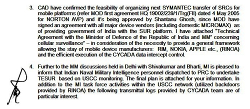 Claimed Indian smartphone spying memo