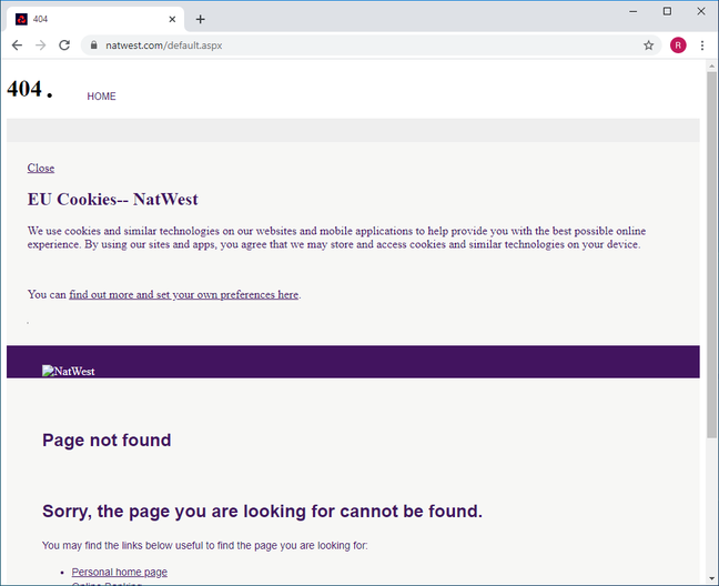 Natwest.co.uk redirect to 404 page