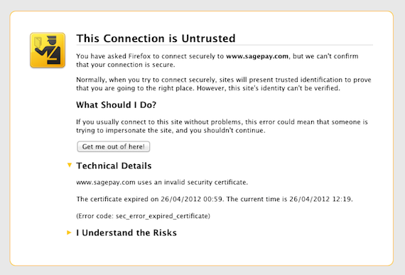 SSL certificate error message, credit: screengrab