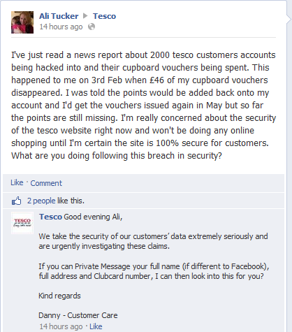 Post on Tesco Facebook page about account hack