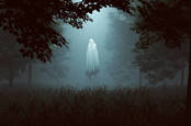 Ghostly figure hovering in a wooded glen