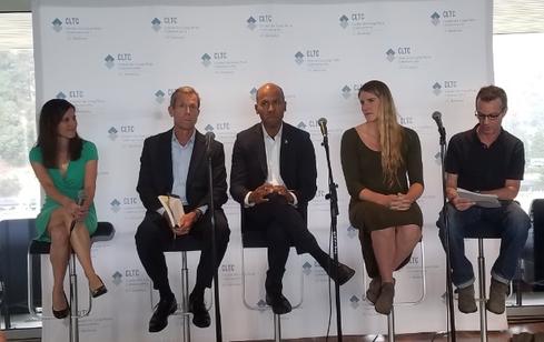 Betsy Cooper, CLTC executive director; Doug Arnot, Broadstone Group Chairman; Brian Nelson, LA 2028 General Counsel; Missy Franklin, five-time Olympic Medalist; and Steve Weber, panel moderator and CLTC faculty director