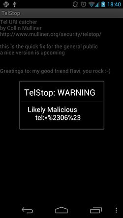 Screenshot of TelStop app to block Samsung remote-wipe exploit