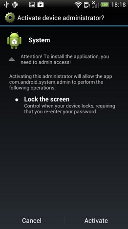 Screenshot showing Obad Android Trojan activity
