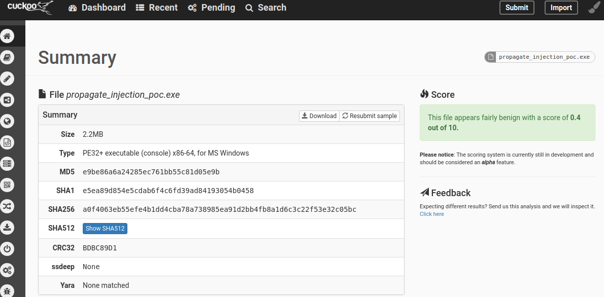 Figure 1: Cuckoo analysis summary for proof of concept.