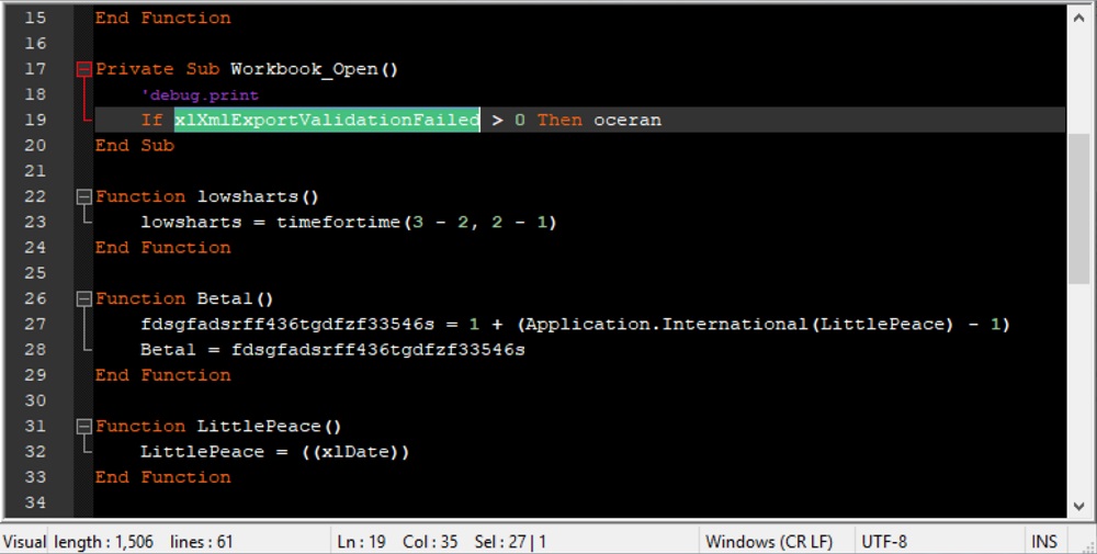 An example of anti-analysis used by the macro. Few macros actually check for Excel-specific variables such as xlXmlExportValidationFailed. In so doing, the authors have ensured that the macro is only executed within an Office Excel environment. This means that macro emulators may fail to detect it if they do not properly emulate specific Excel variables.